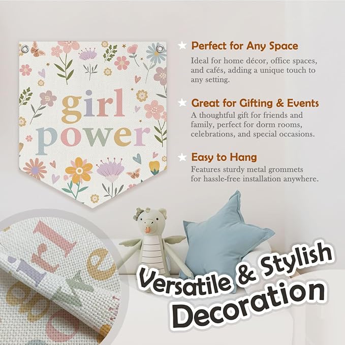 Girls Room Decor – Girl Power Linen Pennant, Floral Canvas Triangle Banner Flag, Wildflower Wall Hanging Decor for Toddler & Baby Girl Nursery, 14.5x12.6 in