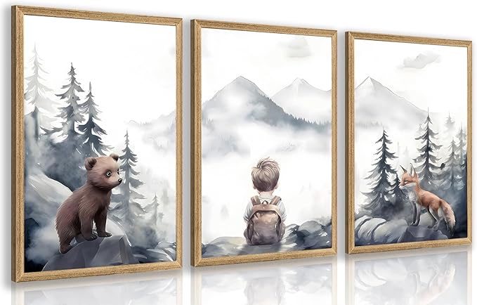 Cyebmo Woodland Boy Nursery Wall Art Set of 3, Whimsical Boy Adventure Wall Decor, Mountain Forest Animal Bear Fox Canvas Painting for Classroom Kids Room Baby Nursery Wood Framed 16"x24"x3