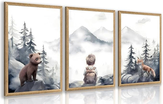 Cyebmo Woodland Boy Nursery Wall Art Set of 3, Whimsical Boy Adventure Wall Decor, Mountain Forest Animal Bear Fox Canvas Painting for Classroom Kids Room Baby Nursery Wood Framed 16"x24"x3