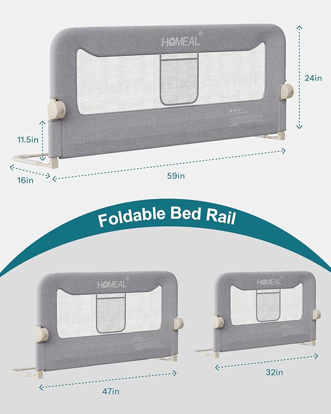 HOMEAL Bed Rail for Toddlers, 32in Foldable Baby Bed Rail Guard, Toddler Bed Rails with U-Shape Base, Breathable Mesh Bed Rail for Twin, Full, Queen, King Beds, Bed Rail for Baby, Grey