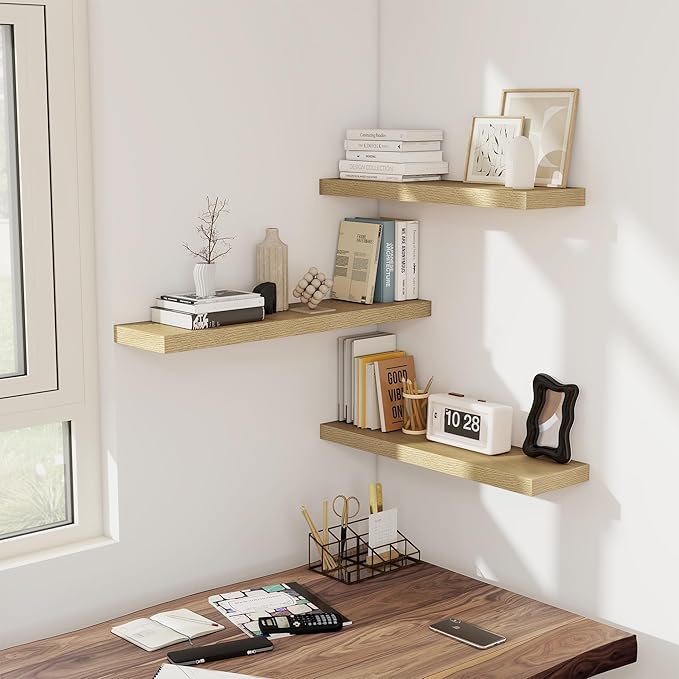 Fun Memories 36 Inch Floating Shelves, Wall Shelves Set of 2 for Bathroom/Living Room/Bedroom/Kitchen, Wall Mounted Floating Shelf for Home Decor with Invisible Brackets, Oak