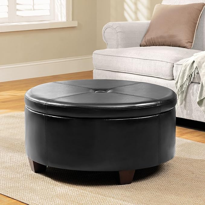 Homepop Home Decor | Upholstered Faux Leather Large Tufted Round Storage Ottoman | Button Top Ottoman with Storage for Living Room & Bedroom | Decorative Home Furniture, Black