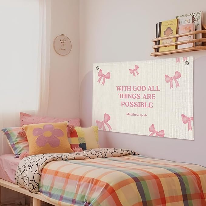 Christian Wall Art "With God All Things Are Possible" 20x30 Inch - Pink Coquette Bow Banner, Girls Bedroom Decor, Linen Bible Verse Hanging, Inspirational Faith Decor, Church Nursery Sign