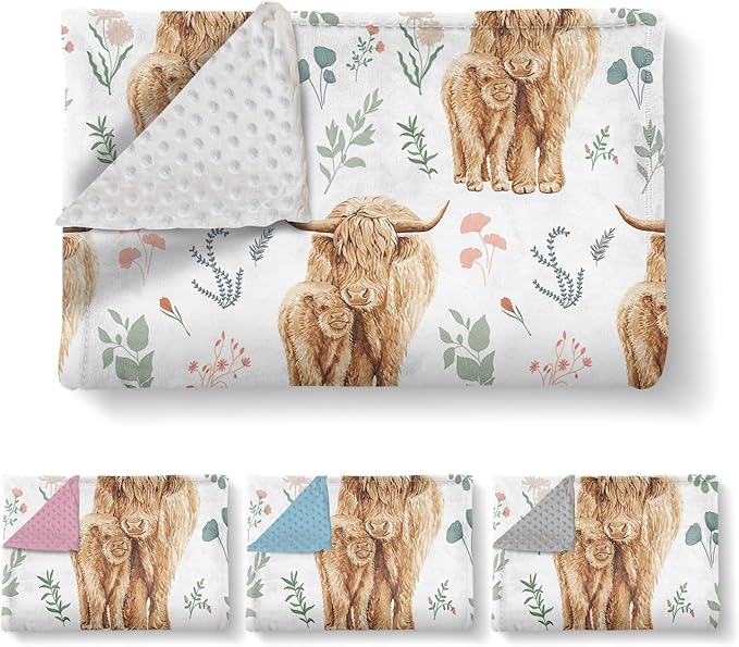 Personalized Baby Name Blanket for Boy Girl, Soft Flannel Blanket with Double Layer Dotted Backing for Infant Newborn, Nursery Crib with Floral Highland Cow Design, Gifts for New Mom(47" x60)
