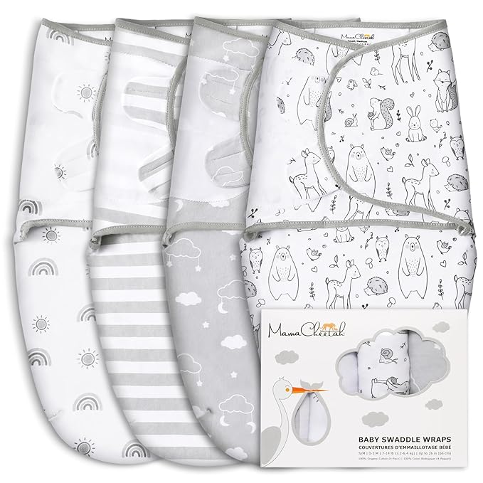 Mama Cheetah Preemie Swaddle Sack, Organic Swaddling Sleep Sacks for Preemies, Preemie Swaddle Blanket Wrap, Easy Swaddles for Premature Baby Boy Girl 4-7 lbs, Newborn Essentials, 4-Pack, Grey