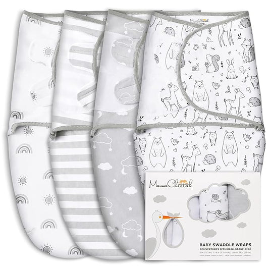 Mama Cheetah Baby Swaddle Sack, Organic Swaddle Blanket, Newborn Swaddling Sleep Sacks, Adjustable Infant Swaddle Wrap, Easy Swaddles for Boy Girl 0-3 Month, Baby Essentials, Nursery Swaddling, 4-Pack