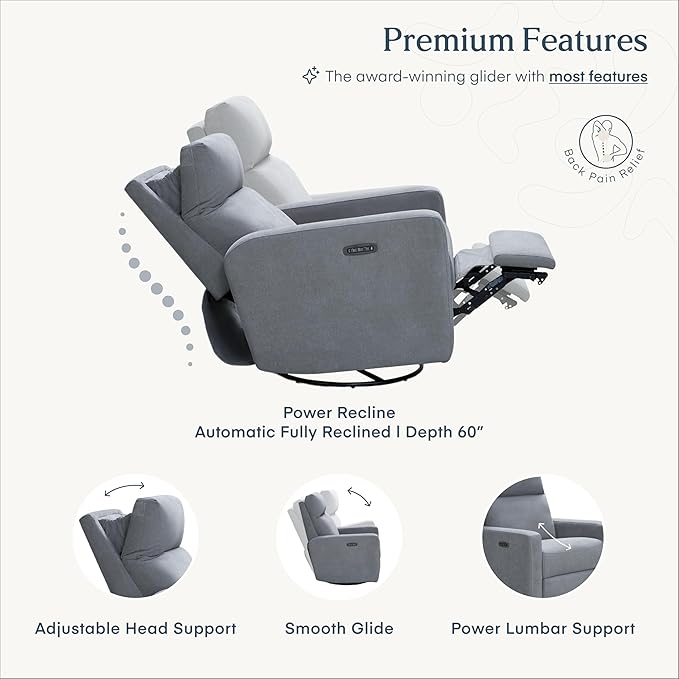 Nurture& The Glider Plus - Premium Nursery Power Recliner | Swivel Chair with Adjustable Head Support and Adjustable Lumbar Support | Built-in USB - The Ultimate Comfort for Nursing, Relaxing (Gray)