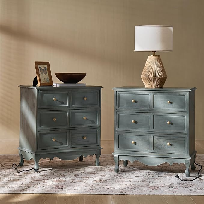 HULALA HOME 3-Drawer Nightstand with Charging Station, Farmhouse Solid Wood Nightstand Set of 2(Blue)