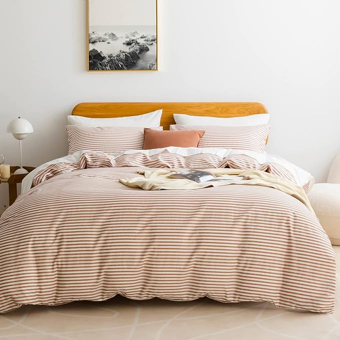 JELLYMONI 100% Natural Cotton 3pcs Striped Duvet Cover Sets,White Duvet Cover with Pink Stripes Pattern Printed Comforter Cover,with Zipper Closure & Corner Ties(Full Size)