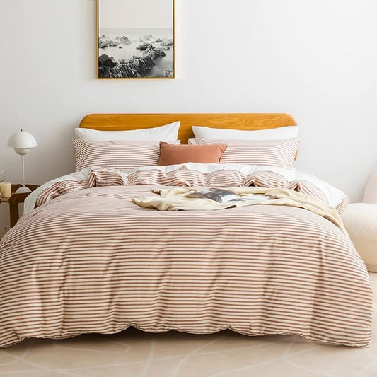JELLYMONI 100% Natural Cotton 3pcs Striped Duvet Cover Sets,White Duvet Cover with Pink Stripes Pattern Printed Comforter Cover,with Zipper Closure & Corner Ties(Queen Size)