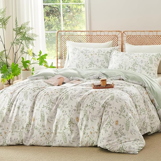 Botanical Duvet Cover King Sage Green Reversible Floral Bedding Set Farmhouse Leaf Bedding 3Pcs Modern Aesthetic Duvet Covers with Zipper Closure Ultra Soft Microfiber