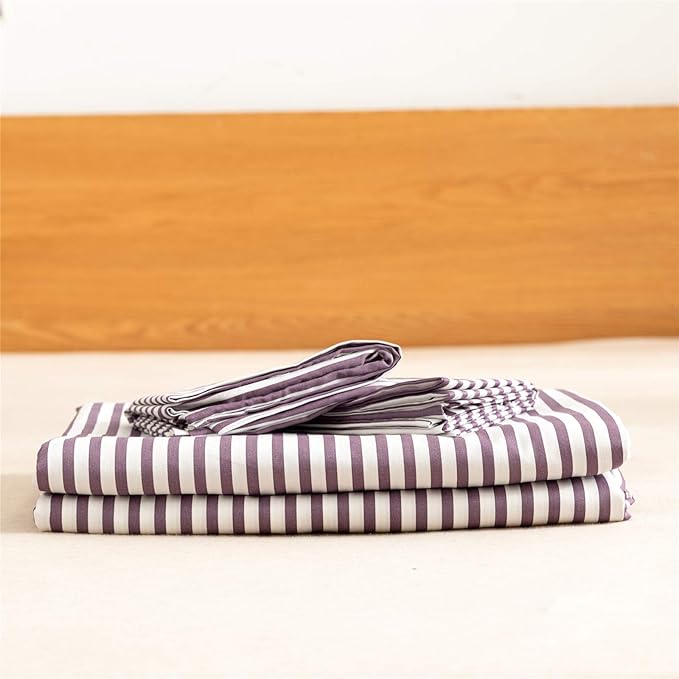 JELLYMONI 100% Natural Cotton 3pcs Striped Duvet Cover Sets,White Duvet Cover with Purple Stripes Pattern Printed Comforter Cover,with Zipper Closure & Corner Ties(King Size)