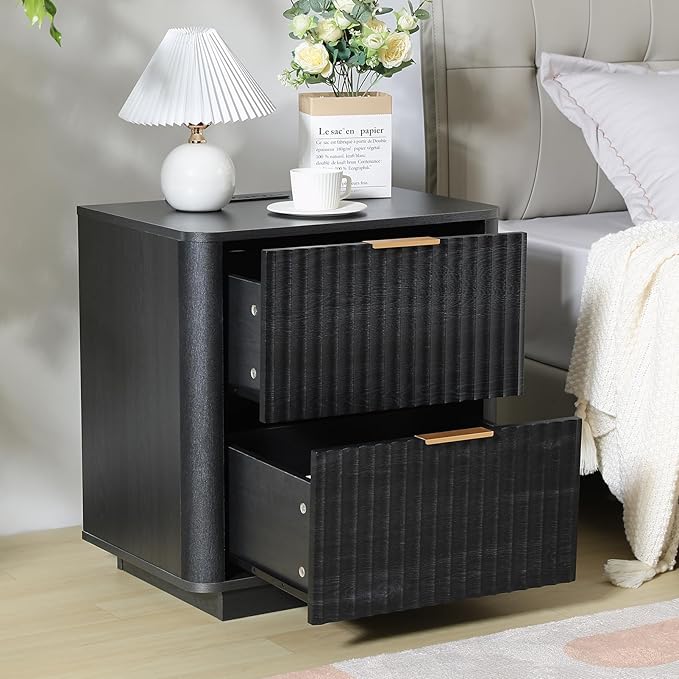 Fluted Nightstand Set of 2, Wood End Table with Charging Station, 23" Modern Night Stands with 2 Drawers, Black Bedside Table for Bedroom