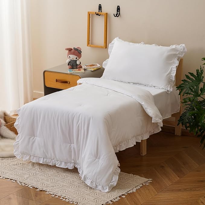 KAREVER White Toddler Bedding Set White Ruffles 4 Pieces Crib Bed Set Kids Vintage Comforter Set
