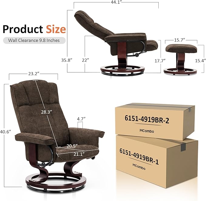 MCombo Manual Swivel Recliner with Ottoman, Chair Ottoman Set for RV Small Spaces, Living Room, Bedroom, Office 9019 4919 (Textile, Dark Brown)