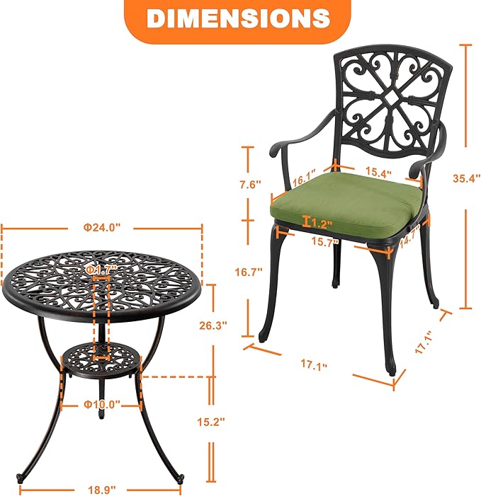NUU GARDEN 3-Piece Outdoor Bistro Set with Cushions, Round 24 Inch Cast Aluminum Round Table with 1.77" Umbrella Hole and 2 Cast Aluminum Armchairs with Cushions, Black with Gold-Painted Edge