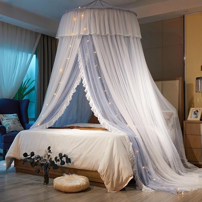 AIKASY Princess Bed Canopy for Girls & Adults, Elegant Double-Layer Bed Curtain, Children's Dream Round Lace Mosquito Net, Princess Canopy Net - Fits Twin, Full, Queen, and King Beds (Light Gray)
