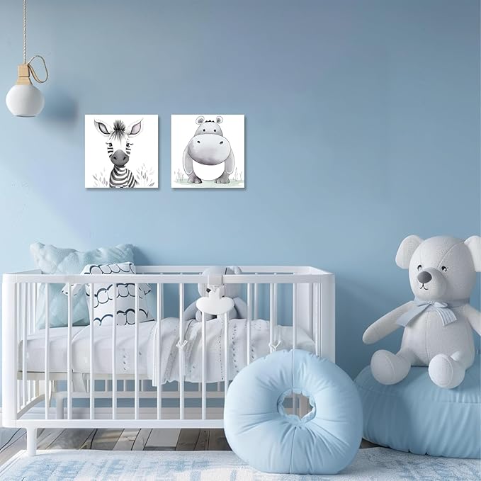 Baby Animal Framed Canvas Wall Art Set of 2 - Cute Baby Zebra Hippo Paintings Pictures Nursery Decor Wild Animals Posters Prints for Living Room Kids Room Decor(Artwork-01, 12"x12"x2P)