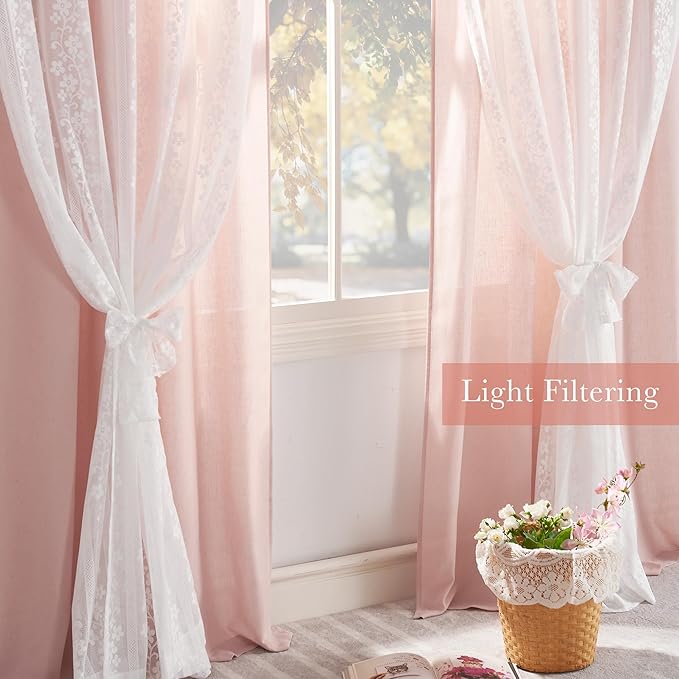 PONY DANCE Linen Pink Curtains for Living Room 84 Inches Long, Farmhouse Thermal Insulated Room Darkening Curtains, Double Layer Curtain for Girls' Bedroom, 52W x 84L, Blush Pink, 2 Panels