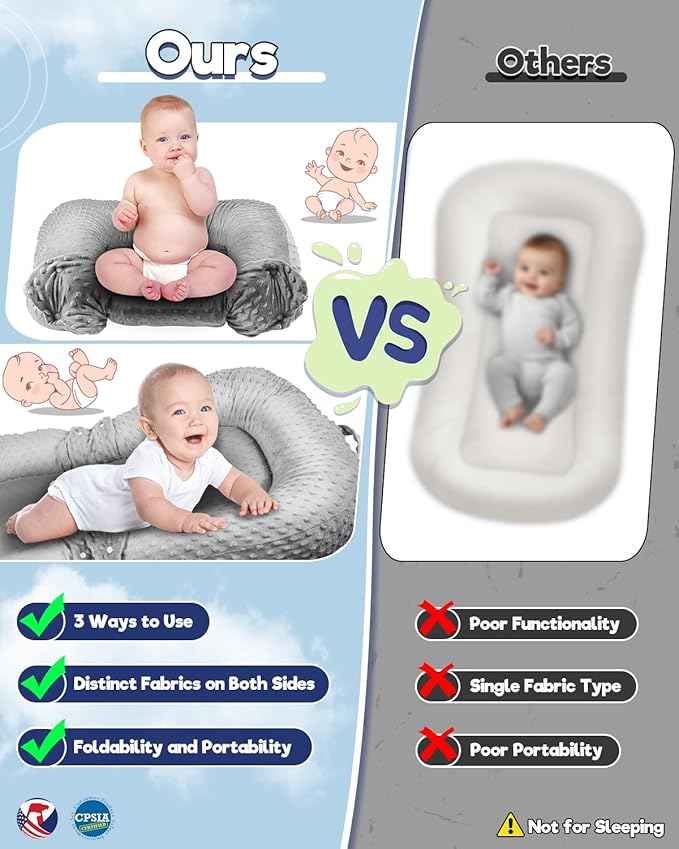 Baby Lounger Pillow : 2-in-1 Infant Lounger for Newborn 0-48 Months, Portable Tummy Time Mat for Home and Travel, Breathable & Soft Baby Seat for Baby, Babies Essentials Gifts