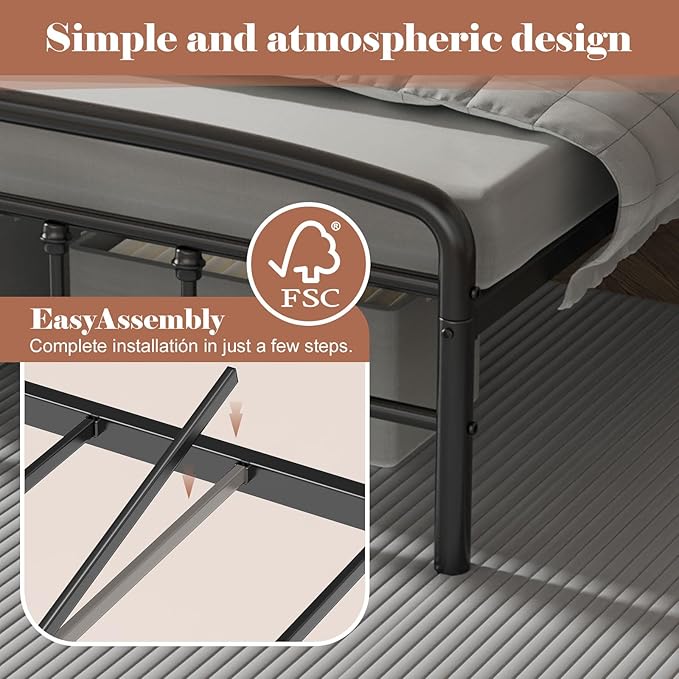 Queen Bed Frames with Headboard, Heavy Duty Bed Frames with Headboard Noise-Free Design & 12" Underbed Storage,No Box Spring Needed/Tool-Free 30 Mins Assembly
