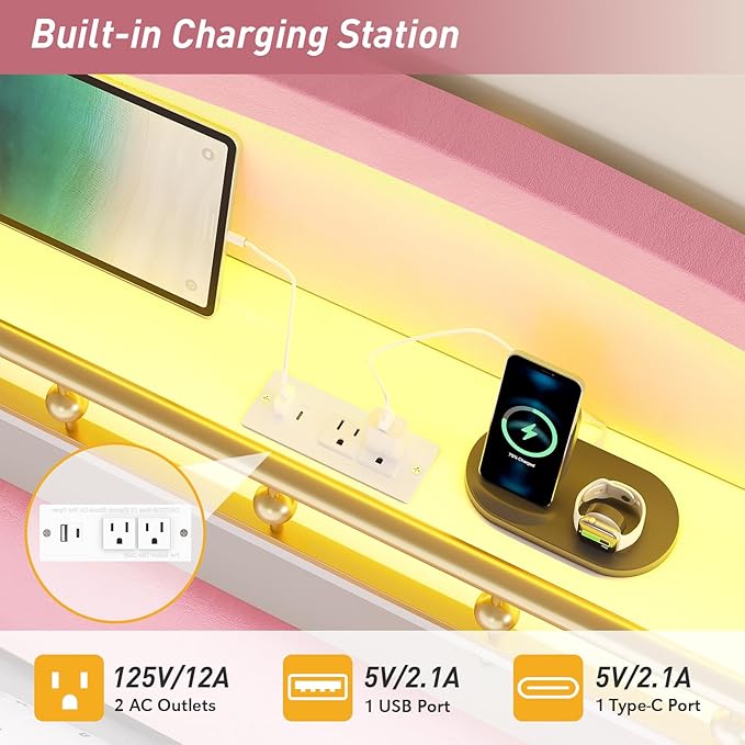 Queen Bed Frame with Storage Headboard, Platform Bed Frame Queen Size with Charging Station&LED Lights,Velvet Princess Bed for Girls/Kids, No Box Spring Needed/Noise-Free/Easy Assembly,Pink