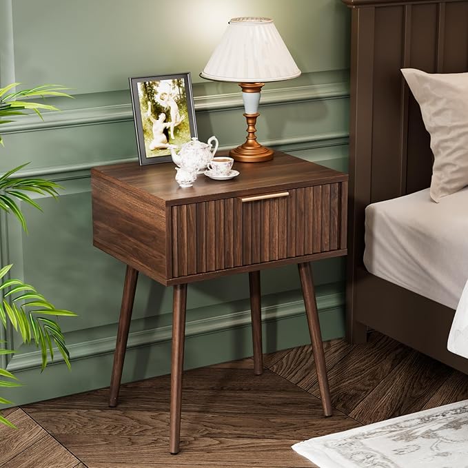 VINGLI Fluted Nightstand with Drawer, 19" W Mid Century Modern Nightstand for Bedroom, Bedside Table, End Tables Bedroom, Wood Night Stand, Walnut, 18.9" W*14.96" D*24" H