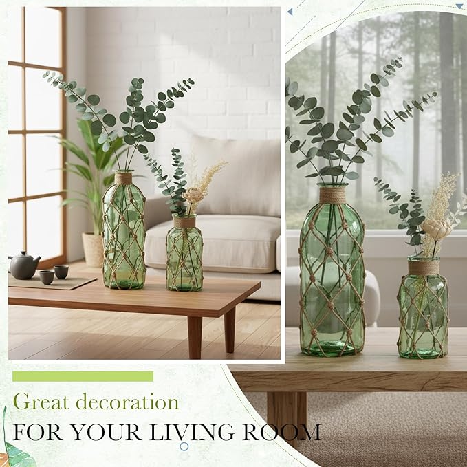 Chuangdi Set of 2 Coastal Glass Vases for Flower Small Flower Vase with Boho Rope Wrapping Beach Decorative Bottle for Coastal Nautical Table Centerpiece Wedding Floral Arrangement Decor(Green)