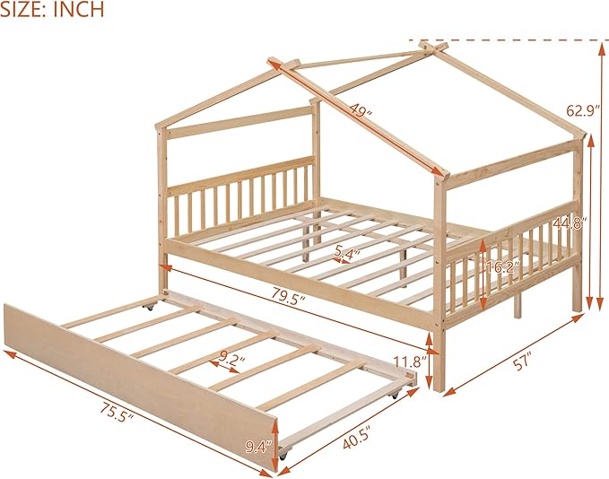 Merax Full Size Wooden House Bed with Trundle, Wood Bed Frame with Roof for Kids, Teens, Boys or Girls, Natural