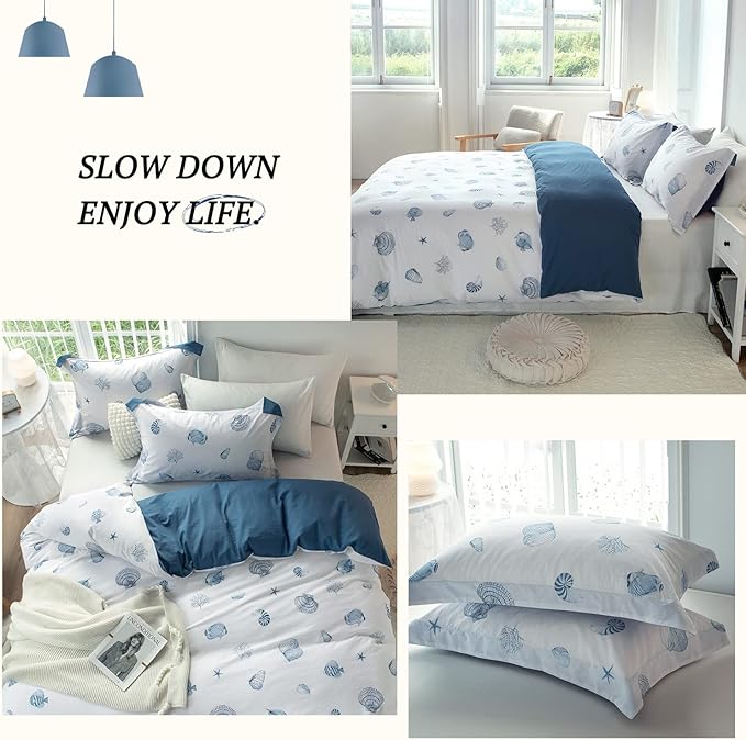 MILDLY 100% Washed Cotton Duvet Cover - Blue Seashell Pattern Comforter Cover Set Nautical Coastal Bedding Set with Zipper Closure 4 Ties King Size