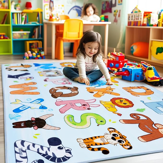 Kids Rugs for Playroom, 8x10 Feet Educational Rug for Learn The ABC Alphabet, Soft Machine Washable Non-Slip Cute Animal Carpet for Classroom Toddler Nursery Kids Room Decor Mat, Blue