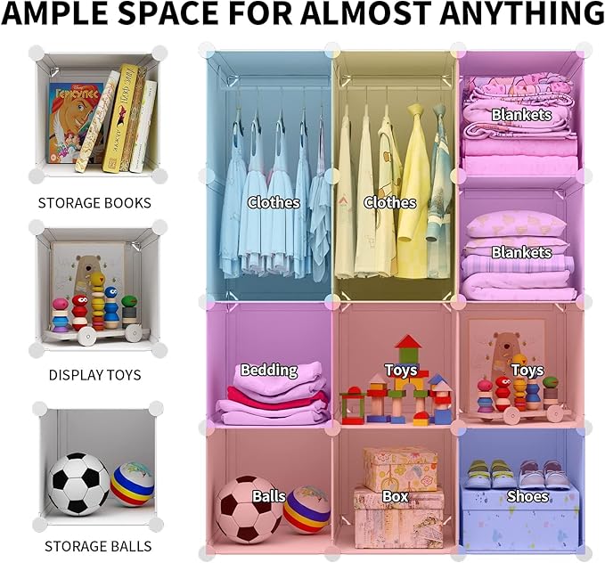 VIPZONE Baby Closet,Dresser, Kids Closet Organizers, Portable Kids Wardrobe for Closet, Bedroom, Nursery, Cubby, Cabinet, Clothes, Dress, Baby Storage Shelf, Armoire Clothes Hanging (12 Cube, White)