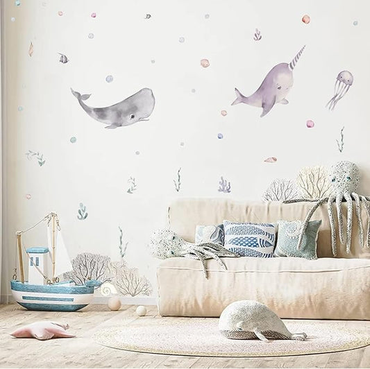 Whale Wall Dcals Peel and Stick for Kids Whale Removable Wall Stickers with Sea Life, Vinyl Ocean Wall Stickers for Bedroom Bathroom Nursery