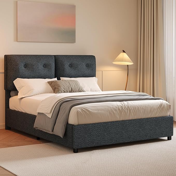 Full Size Bed Frame with Headboard, Cloud Boucle Upholstered Bed Frame, Modern Soft Style, Adjustable Headboard, No Box Spring Needed, Easy Assembly, Dark Grey