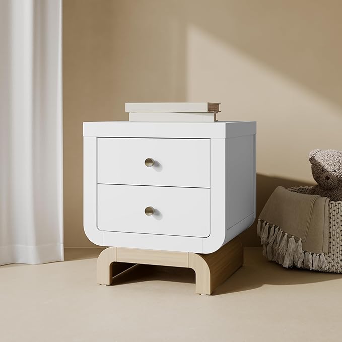 Storkcraft Santorini 2 Drawer Nightstand (White & Driftwood) - GREENGUARD Gold Certified Nightstand for Kids Bedroom, Premium Wood with Curved Base, “Champagne” Metal Knobs
