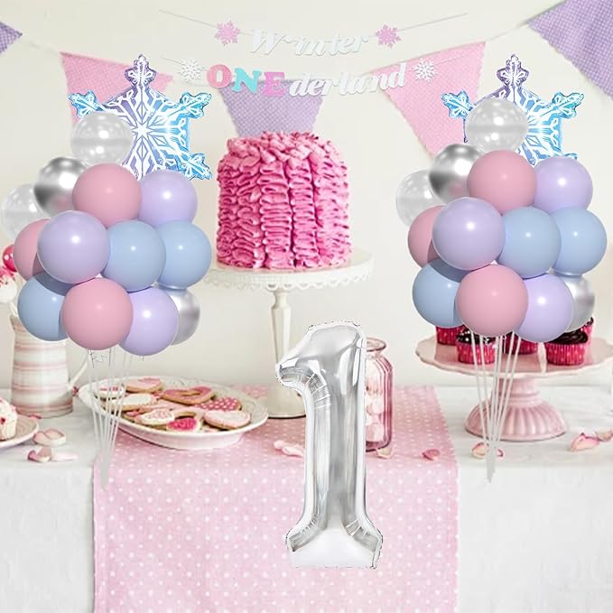 Winter Onederland 1st Birthday, Pink Purple Blue Balloons, Winter Onederland Birthday Decorations For Girls Boys,40 Inch Silver 1 Balloon And Banner for One Year Old BD Decorations