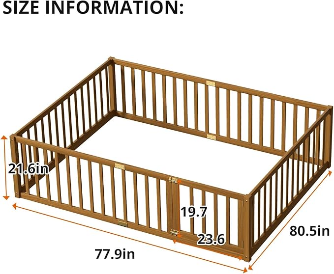 LLS Queen Size Floor Bed with 21.6" High Fence for Kids Boys Girls, Solid Wood Multifunctional Montessori Bed Frame with Door, Without Slats, Light Espresso