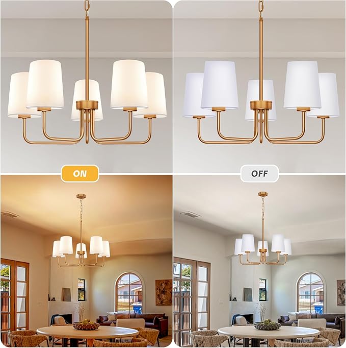 Farmhouse Chandelier, 5-Light Brass Chandelier with White Fabric Shade, Height Adjustable Modern Dining Room Light Fixture with E26 Base for Bedroom Foyer Hallway Entryway Kitchen Living Room