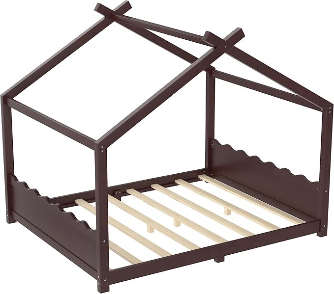 Queen Size Wooden House Floor Bed - Kids Bed Frame with Roof & Support Slats for Bedroom, No Box Spring Needed, Easy Assembly (Espresso)