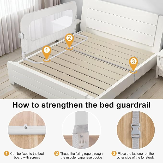Bed Rail for Toddlers,Swing Down Kids Beds Rails Guard for Twin,Full,Queen,Bunk Size Bed,Extra Tall Child Bed Rail Guard with Reinforced Anchor Safety System(White,59 Inch,1 Side)