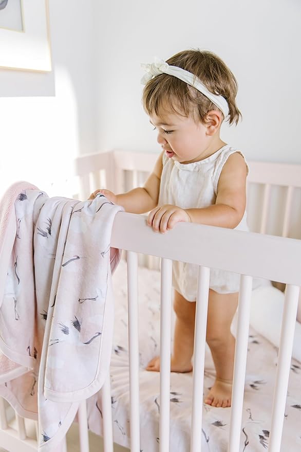 Oilo Baby Blanket, Luxury Soft Plush Backing & 100% Turkish Cotton Jersey Print, Double Layered, 30" x 40", Rolled Jersey Edge Trim, Machine Washable, Perfect for Infant or Toddlers, Pink Crane Birds