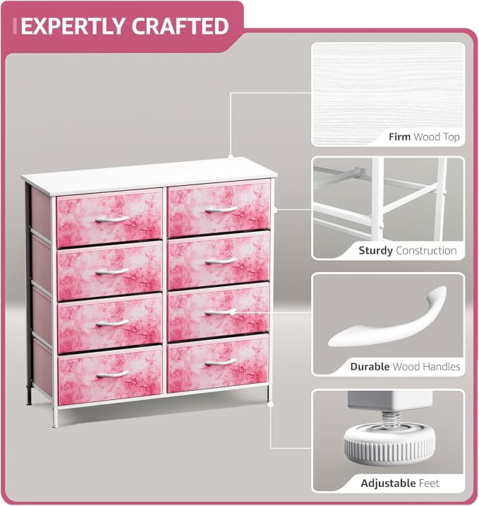 Sorbus Dresser with 8 Drawers - Furniture Storage Chest Tower Unit for Bedroom, Hallway, Closet, Office Organization - Steel Frame, Wood Top, Easy Pull Fabric Bins (8-Drawer, Pink)
