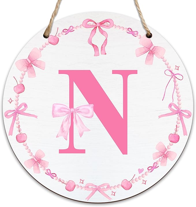 Monogram Round Sign For Front Door, Cherry Bow Theme Sign For Porch Art Wall Door, Initial Signs Hanging Ornament For Indoor Outdoor, Decorations Gifts For Four Seasons Rustic Home Kitchen, N, A14