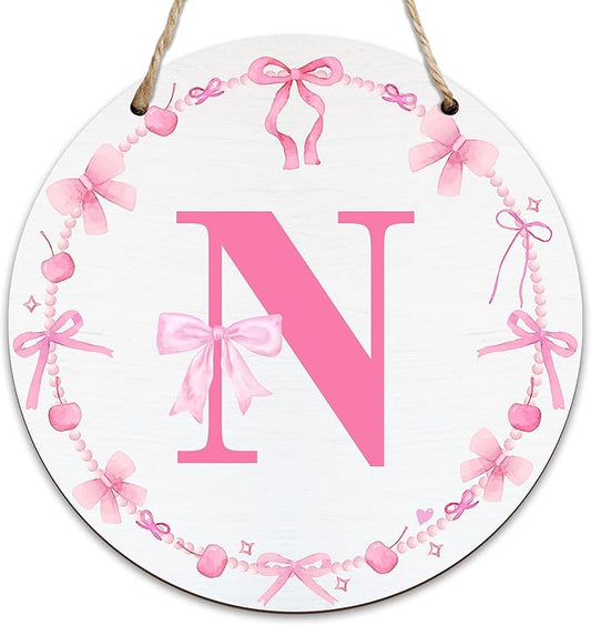Monogram Round Sign For Front Door, Cherry Bow Theme Sign For Porch Art Wall Door, Initial Signs Hanging Ornament For Indoor Outdoor, Decorations Gifts For Four Seasons Rustic Home Kitchen, N, A14