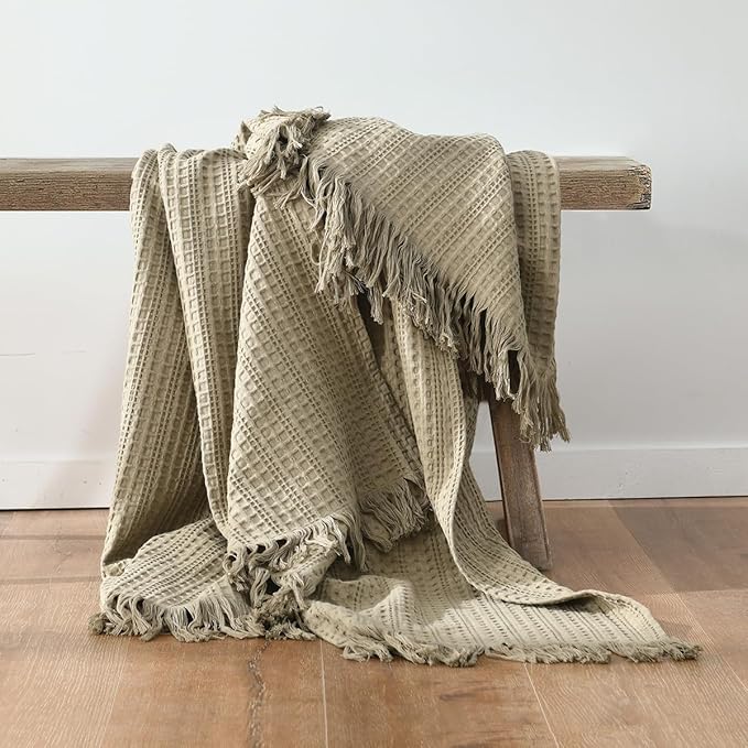 100% Cotton Waffle Blanket with Fringe, Pre-Washed Waffle Weave Blanket for All Season, Lightweight Breathable Soft Cozy Throw Blanket for Couch, Bed, Travel (Sage Green - 50x60 Inches)