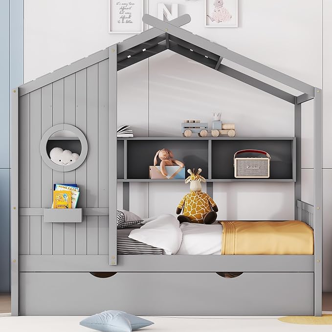 Full Size Wooden House Bed with Trundle, Modern Design Kids Bed Frame with Storage Shelf for Kids Teens Adults, Wood Slat Support, No Box Spring Needed, Easy Assembly (Grey)