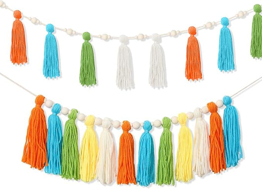 2 Pcs Tassel Garland with Wood Beads, Handmade Cotton Yarn Wall Hanging Banner Boho Tassel Wall Hanging Party Decor for Nursery, Birthday Baby Shower Home Classroom Decoration(Rainbow)