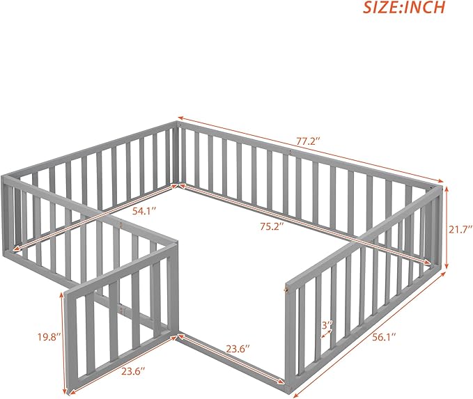 Merax Full Floor Bed with Safety Guardrails and Door, Wood Montessori Floor Bed Frame for Kids, Full Playhouse Bed Frame for Baby Girls and Boys, Grey