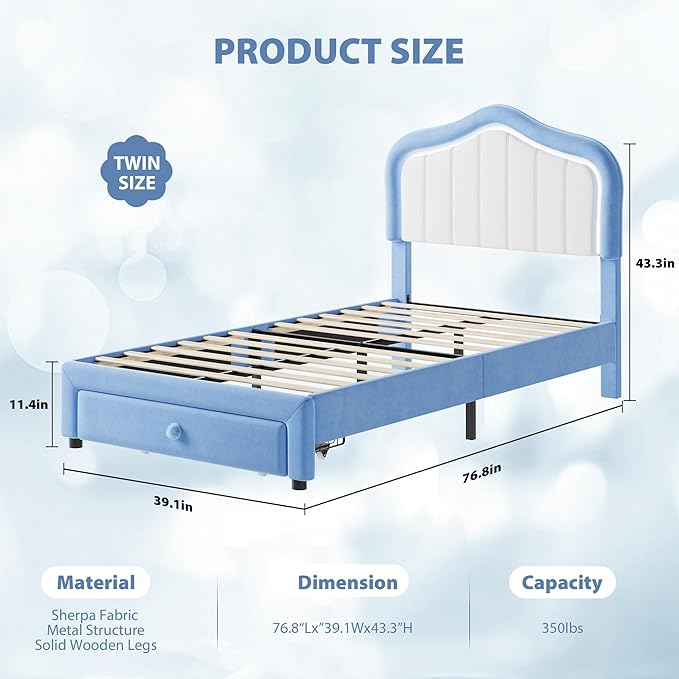 GarveeHome Twin Upholstered Bed Frame with Storage Drawer and Smart Led Headboard, Twin Size Platform Bed Frames for Kids, Wooden Slats Support, No Box Spring Needed, Easy Assembly, Blue