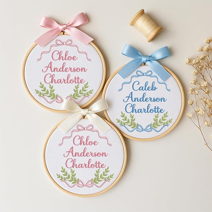 Personalized Baby Name Sign Welcome Baby Announcement Sign Newborn Baby Embroidery Hoop with Bows Baby Hospital Name Sign Custom Infant Baby Name Baby Shower Gifts (13)